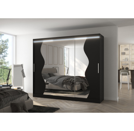 Tolóajtós szekrény tükörrel és LED világítással SHARON 250 Fekete+Fekete