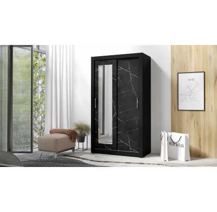 IN BOX 120 gardróbszekrény tükörrel, Fekete/Fekete márvány
