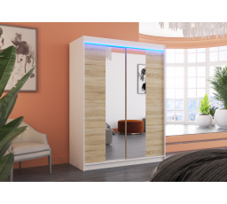 Tolóajtós szekrény tükörrel és LED világítással FEVER 150 Fehér+Sonoma