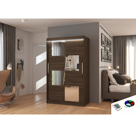 Tolóajtós szekrény tükörrel és LED világítással LUGANO 120 Choco+Choco