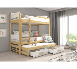 Háromszemélyes emeletes ágy matracokkal QUEEN 180x80 Fenyő Természetes+Fehér