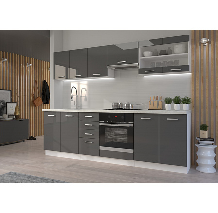 Kuchyňská linka SOLA - 2,6 m, Bílá/Šedý Lesk