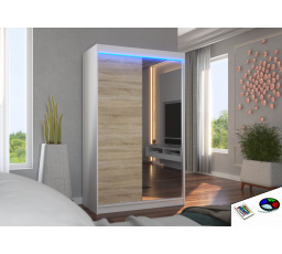 Tolóajtós szekrény tükörrel és LED világítással REWENA 120 Fehér+Sonoma