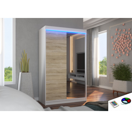 Tolóajtós szekrény tükörrel és LED világítással REWENA 120 Fehér+Sonoma