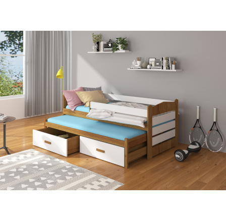 TIARRO 180x80-as kétszemélyes ágy korláttal és matracokkal Tölgy+Fehér