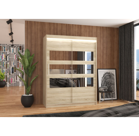 Tolóajtós szekrény tükörrel és LED világítással FLORENTO 150 Sonoma+Sonoma