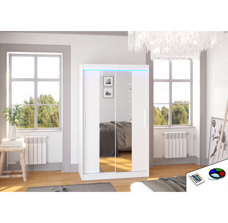 Tolóajtós ruhásszekrény tükörrel és LED világítással SANTOS 120 Fehér+Fehér