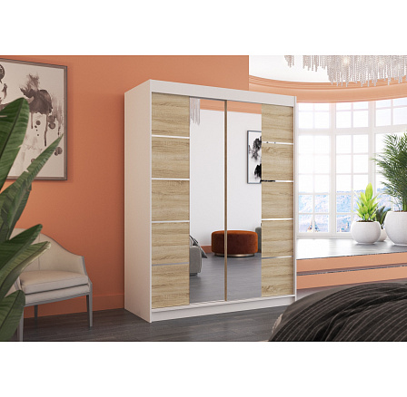 Tolóajtós szekrény tükörrel NORDIC 150 Fehér+Sonoma