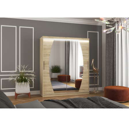 Tolóajtós szekrény tükörrel és LED világítással BALTIMORE 180 Sonoma+Sonoma