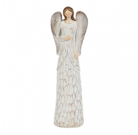 Angyal kézzel a mellkasán - polyresin figura, S méret, krémszínű