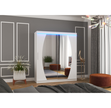 Tolóajtós szekrény tükörrel és LED világítással BALTIMORE 180 Fehér+Fehér