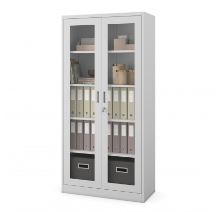 Fém szekrény üvegezett ajtókkal AMELIA, 900 x 1850 x 400 mm, szürke