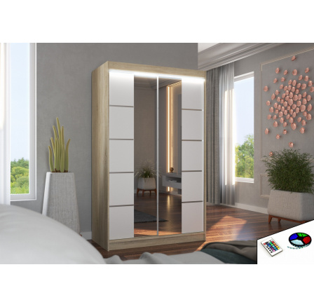 Tolóajtós szekrény tükörrel és LED világítással GENUA 120 Sonoma+Fehér