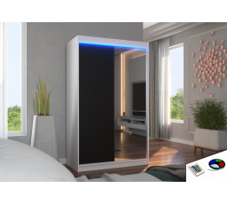 Tolóajtós szekrény tükörrel és LED világítással REWENA 120 Fehér+Fekete