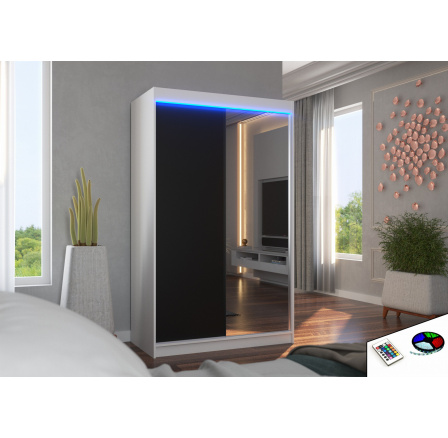 Tolóajtós szekrény tükörrel és LED világítással REWENA 120 Fehér+Fekete