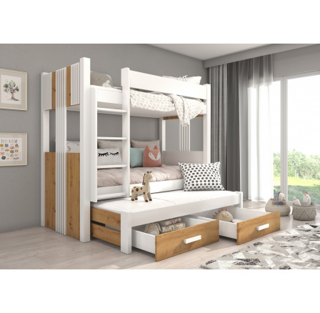 Háromszemélyes emeletes ágy ARTEMA 200x90 Fehér+Artisan Háromszemélyes emeletes ágy ARTEMA 200x90 Fehér+Artisan