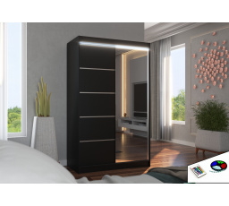 Tolóajtós ruhásszekrény, tükörrel és LED világítással NICEA 120 Fekete+Fekete