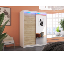 Tolóajtós szekrény tükörrel és LED világítással JORDI 150 Fehér+Sonoma