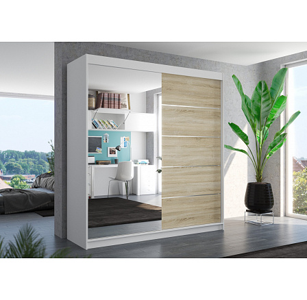Tolóajtós és tükrös ruhásszekrény OLIVER 200 Fehér+Sonoma