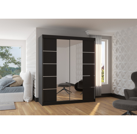 Tolóajtós szekrény tükörrel TRAVES 180 Fekete+Fekete