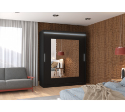 Tolóajtós szekrény tükörrel és LED világítással ROSETTE 180 Fekete+Fekete