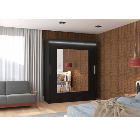 Tolóajtós szekrény tükörrel és LED világítással ROSETTE 180 Fekete+Fekete