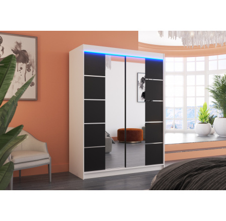 Tolóajtós szekrény tükörrel és LED világítással NORDIC 150 Fehér+Fekete