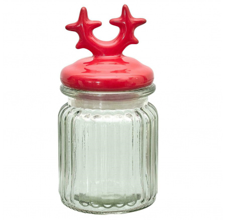 Üvegpohár piros szarv alakú fedéllel