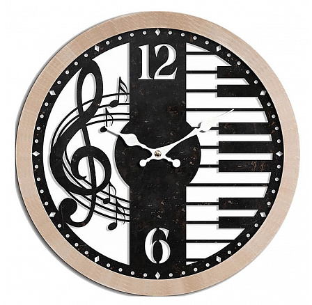 Hodiny nástěnné - pr. 60 cm, MDF a kov, houslový klíč a klávesy