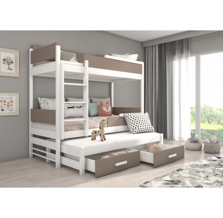 Háromszemélyes emeletes ágy matracokkal QUEEN 180x80 Fehér+Szarvasgomba