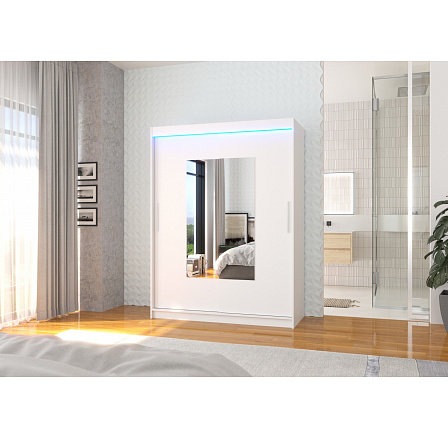 Tolóajtós szekrény tükörrel és LED világítással DORRIGO 150 Fehér+Fehér Tolóajtós szekrény tükörrel és LED világítással DORRIGO 150 Fehér+Fehér