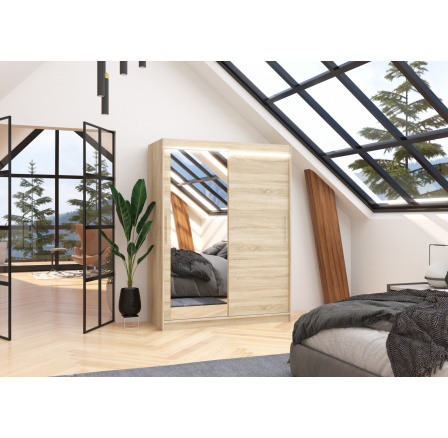 Tolóajtós szekrény tükörrel és LED világítással BIANCO 150 Sonoma+Sonoma