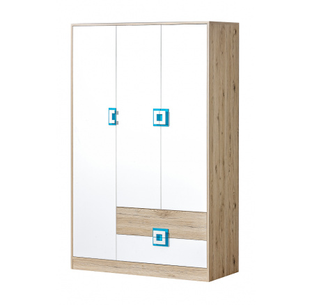Šatní skříň NICO 03, Světlý Dub/Bílá/Tyrkys