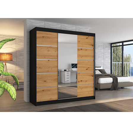 Tolóajtós szekrény tükörrel BERGEN 200 Fekete+Artisan