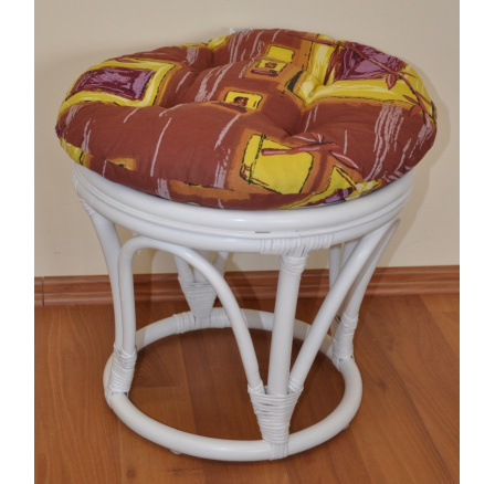 Ratanová taburetka velká bílá polstr hnědý list