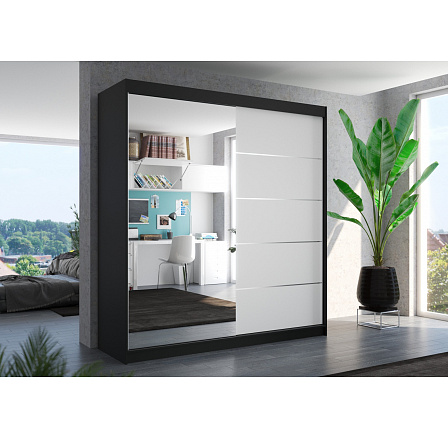 Tolóajtós szekrény tükörrel OLIVER 200 Fekete+Fehér