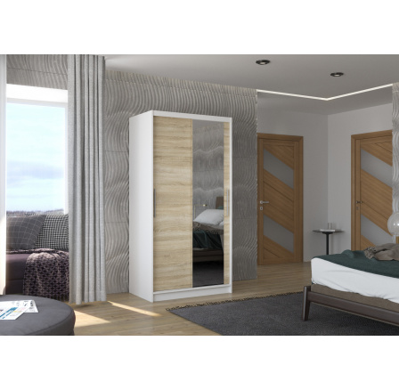 Tolóajtós szekrény tükörrel BAROS 100 Fehér+Sonoma