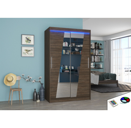 Tolóajtós szekrény, tükörrel és LED világítással TEXAS 120 Choco+Choco