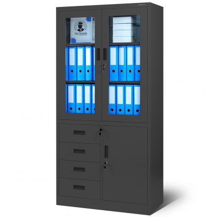 Irodai üvegezett fém iratszekrény fiókokkal WIOLA, 900 x 1850 x 400 mm, antracit