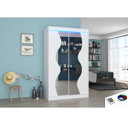 Tolóajtós szekrény tükörrel és LED világítással OSWALD 120 Fehér+Fehér