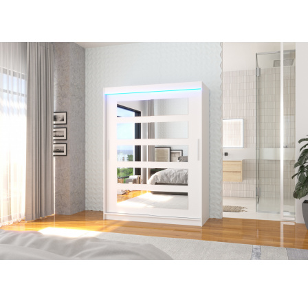 Tolóajtós szekrény tükörrel és LED világítással MURANI 150 Fehér+Fehér