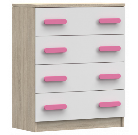 Komód 4S SMYK III - 02, Sonoma Tölgy/Fehér/Rózsaszín