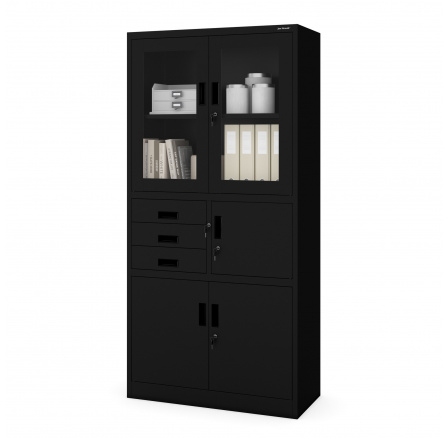 Irodai fém szekrény iratok és dokumentumok számára széffel FILIP, 900 x 1850 x 400 mm, fekete
