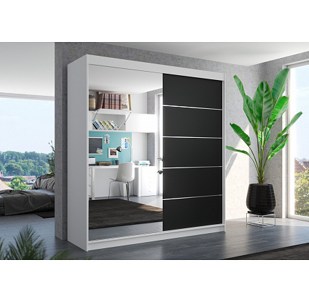 Tolóajtós és tükrös ruhásszekrény OLIVER 200 Fehér+Fekete