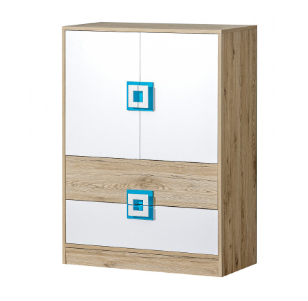 Komoda NICO 09, Světlý Dub/Bílá/Tyrkys