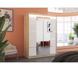 Tolóajtós szekrény tükörrel és LED világítással NORDIC 150 Sonoma+Fehér