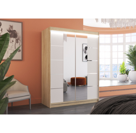 Tolóajtós szekrény tükörrel és LED világítással NORDIC 150 Sonoma+Fehér