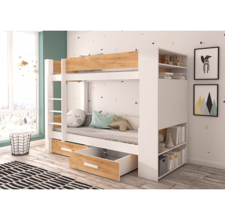 Kétszemélyes emeletes ágy GARET 180x80 Fehér+Arany Tölgy