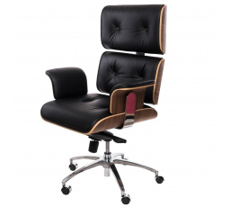 VIP irodai szék fekete bőr, dió furnér, króm