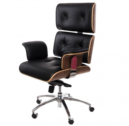 VIP irodai szék fekete bőr, dió furnér, króm